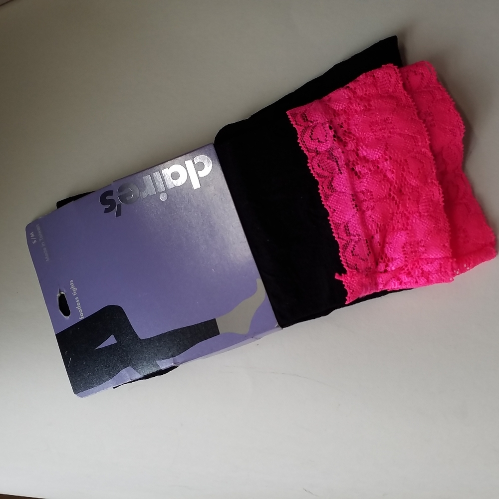 3/$25 CLAIRE'S TIGHTS FOOTLESS Size S/M NWT BLACK Hot Pink Lace